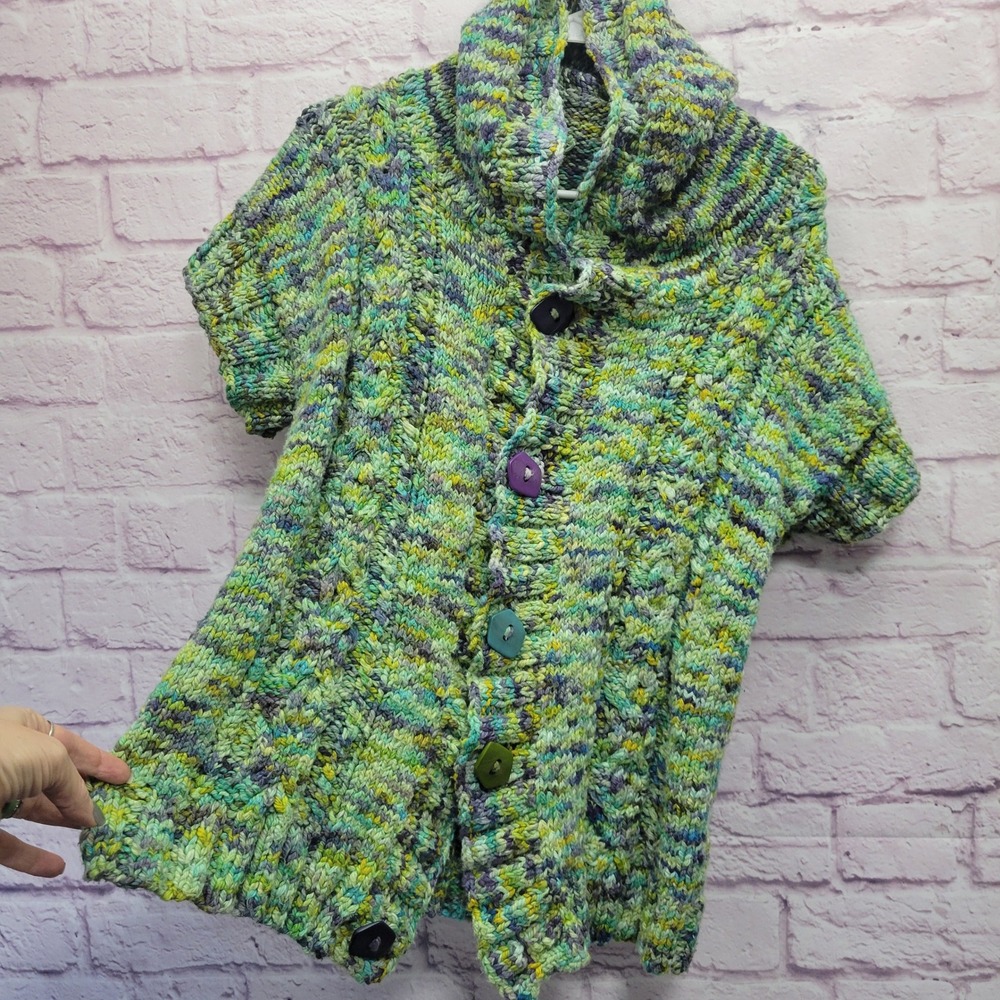 Chunky Knit Hooded Cardigan Short Sleeve Sweater Sz M Artsy Button Cozy Boho - Picture 7 of 8